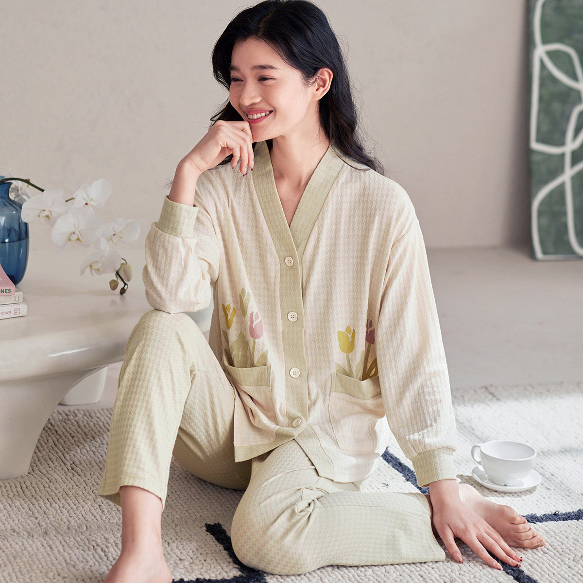 秋鹿针织棉女式睡衣秋季长袖长裤简约纯色休闲家居服女春秋可外穿