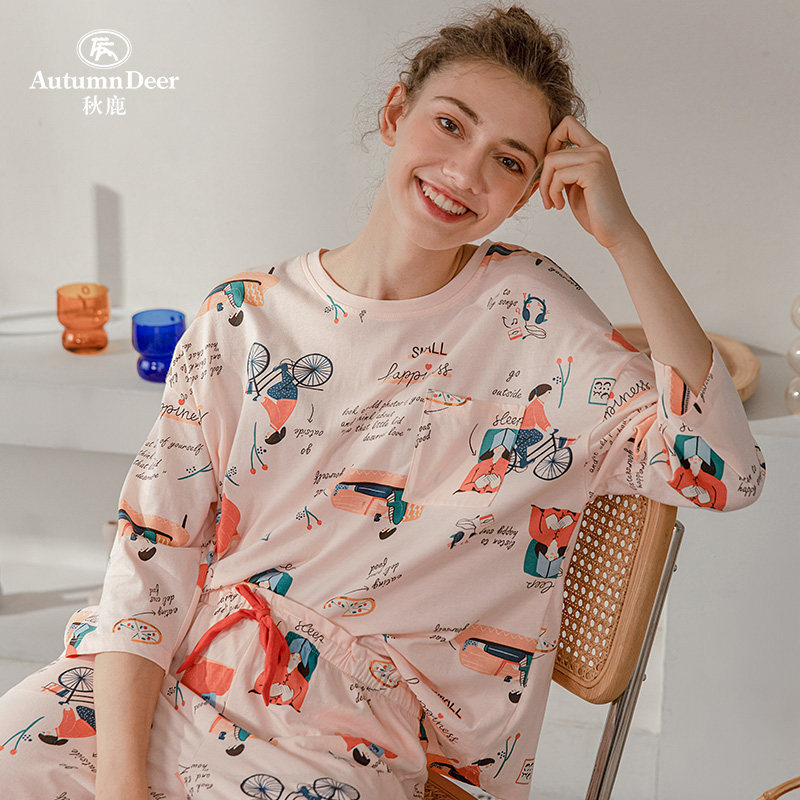 秋鹿断码清仓宽松纯棉七分袖家居服可爱薄款网红睡衣女春秋可外穿