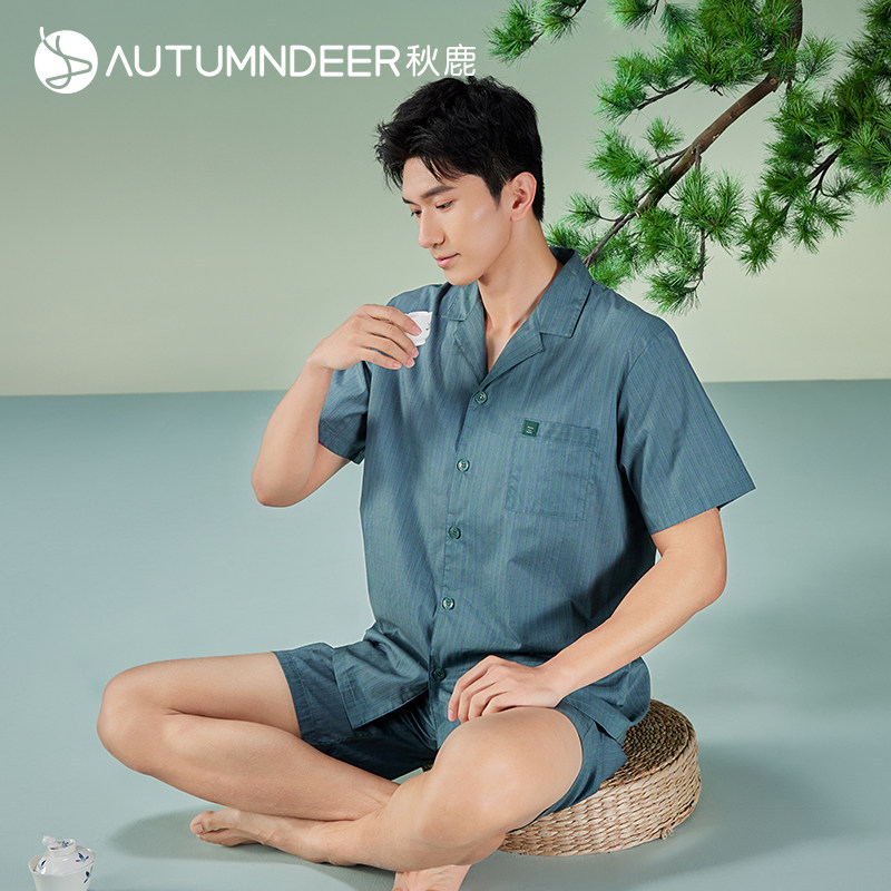 秋鹿男睡衣梭织印花国民领