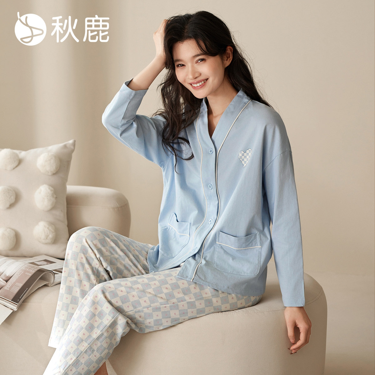 秋鹿女士纯棉睡衣V领棋盘格睡裤印花可外穿家居服套装柔软舒适