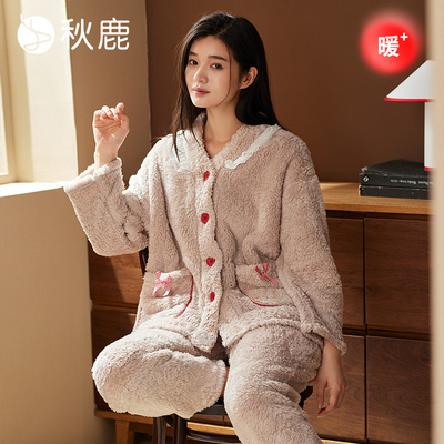 秋鹿女蕾丝花边V领长毛绒睡衣