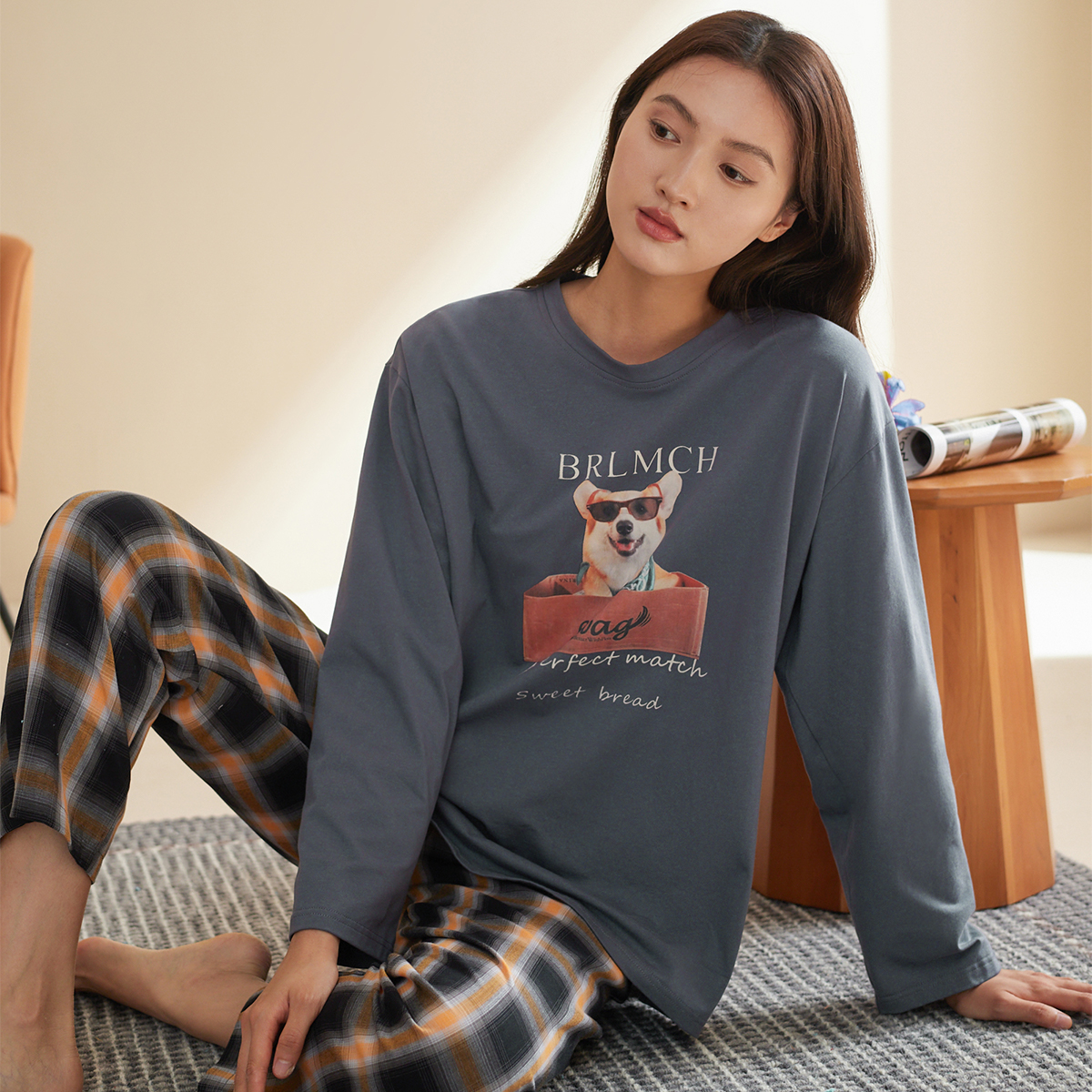 秋鹿针织棉睡衣女小狗印花可外穿