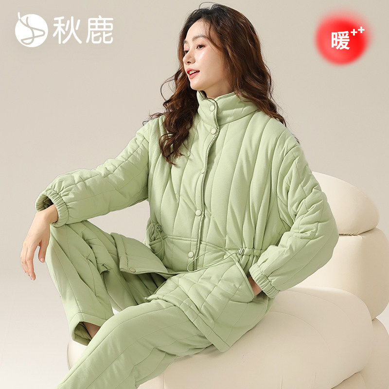秋鹿三层加厚夹棉睡衣针织纯棉家居服女秋冬天保暖可外穿立领外套
