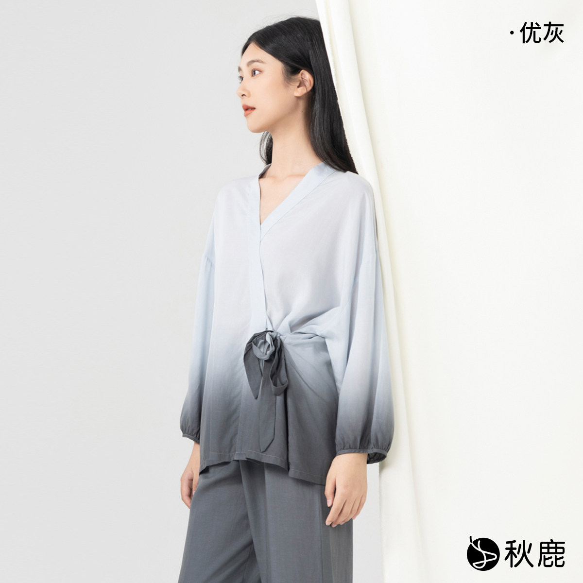 秋鹿睡衣女春秋季黑白渐变国风水墨针织厚单面印花国民领可外穿