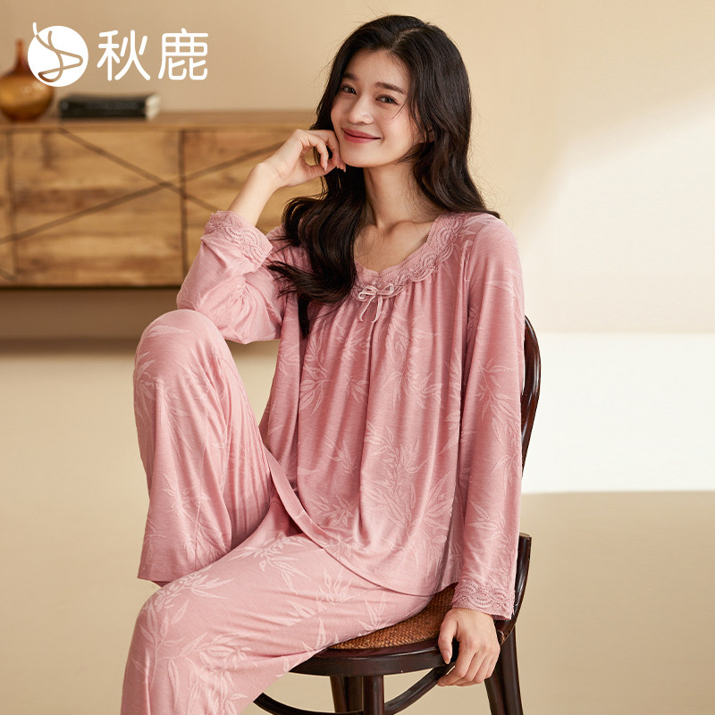 秋鹿【超柔软】针织提花纯棉睡衣女2026春秋新款可外穿长袖家居服