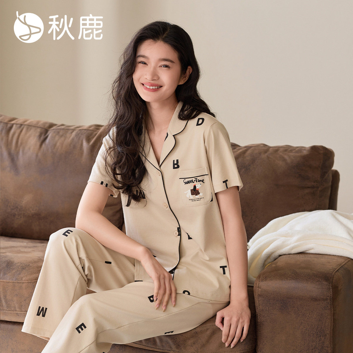 秋鹿【100%纯棉】睡衣女春夏字母印花家居服秋款开衫翻领短袖套装