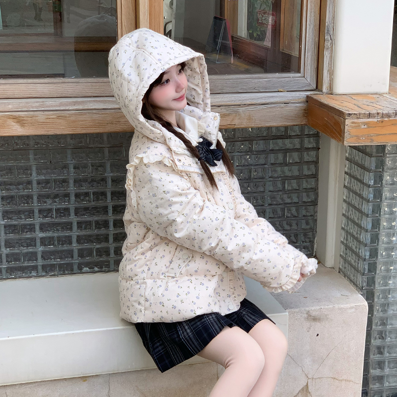 COSME 【碎花雪冰】原创甜美米白色羽绒服小碎花短款减龄可爱