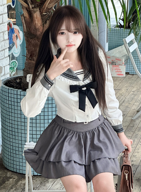 COSME【泽川中】秋季新品原创灰色水手服少女甜美学院风