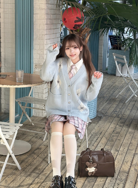 COSME【菱形心结】春季日常蓝色韩系针织毛衣开衫学院甜美氛围感