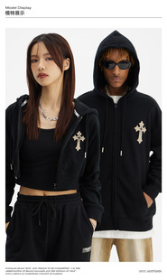 【SSUR PLUS】ICONSLAB短款连帽开衫卫衣十字架贴皮露腰辣妹上衣