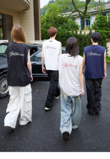 iconslab 复古手写字体索洛纳凉感外穿无袖落肩背心男女同款T恤夏
