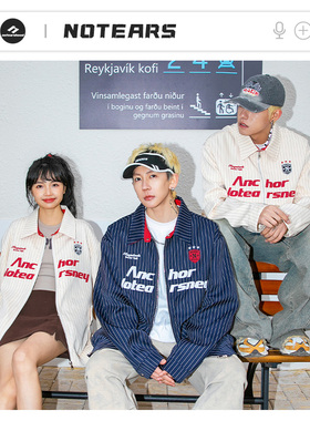 NOTEARS 条纹刺绣夹克宽松美式上衣衬衫领休闲落肩外套 男女同款