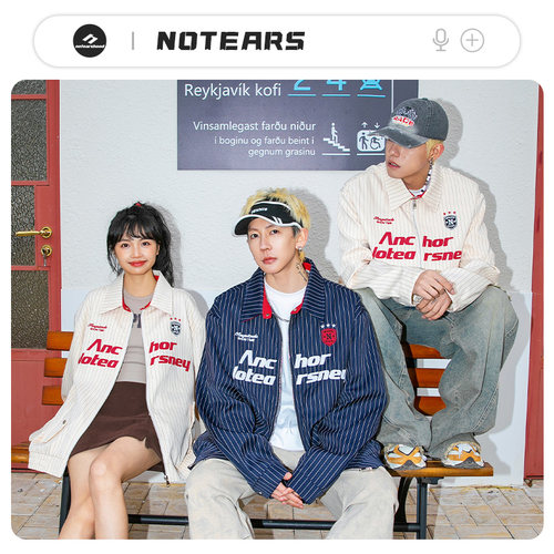 NOTEARS 条纹刺绣夹克宽松美式上衣衬衫领休闲落肩外套 男女同款