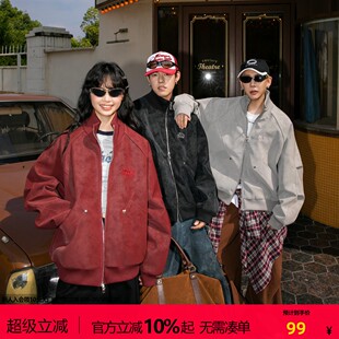 NOTEARS 美式复古飞行皮夹克刺绣休闲百搭外套男女同款红色穿搭