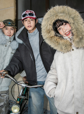 NOTEARS 美式复古座山雕毛领冬季加厚保暖呢子棉衣服外套男女同款