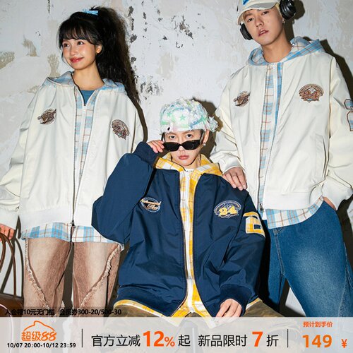 NOTEARS 假两件刺绣连帽夹克多彩格纹宽松美式上衣外套 男女同款