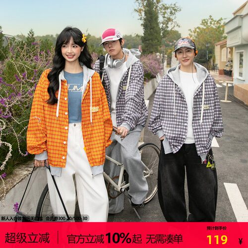 NOTEARS 春季美式宽松橙色假两件百搭多彩格纹长袖衬衫情侣外套