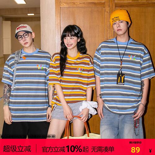 NOTEARS美式夏季新款条纹圆领T恤男休闲运动凉感宽松重磅情侣短袖