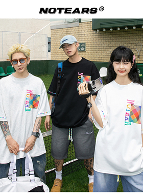 No Tears液氨彩色字母多彩格纹工装口袋立体圆领复古T恤男女同款