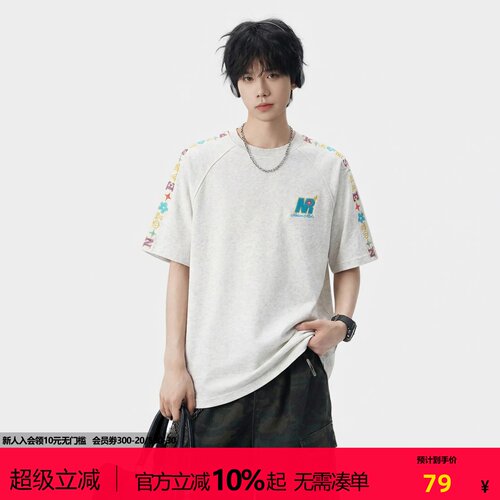 NOTEARS美式复古潮牌男字母毛巾刺绣T恤宽松休闲百搭情侣款短袖女