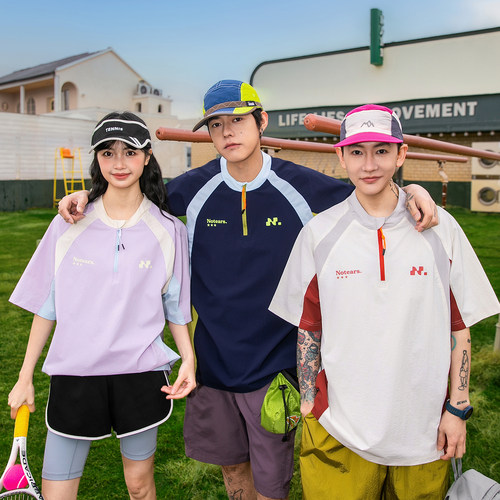 NOTEARS 青少年美式半拉链T恤男女夏季情侣宽松运动速干短袖上衣