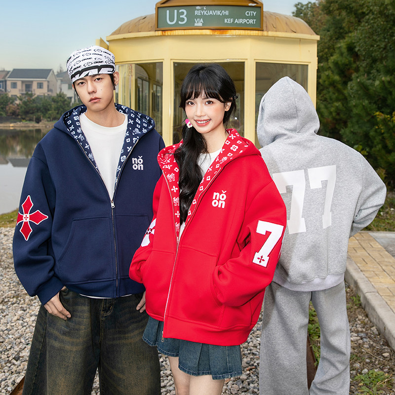 NOTEARS 老花派克美式刺绣复古红色开衫连帽卫衣女情侣款外套男