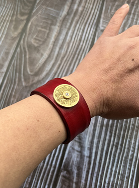 原创纯铜山鬼花钱国风复古真皮手环女男同款太岁本命年道系手镯