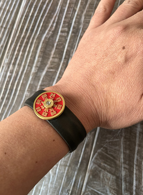 原创纯铜山鬼花钱国风复古真皮手环女男同款本命年手镯