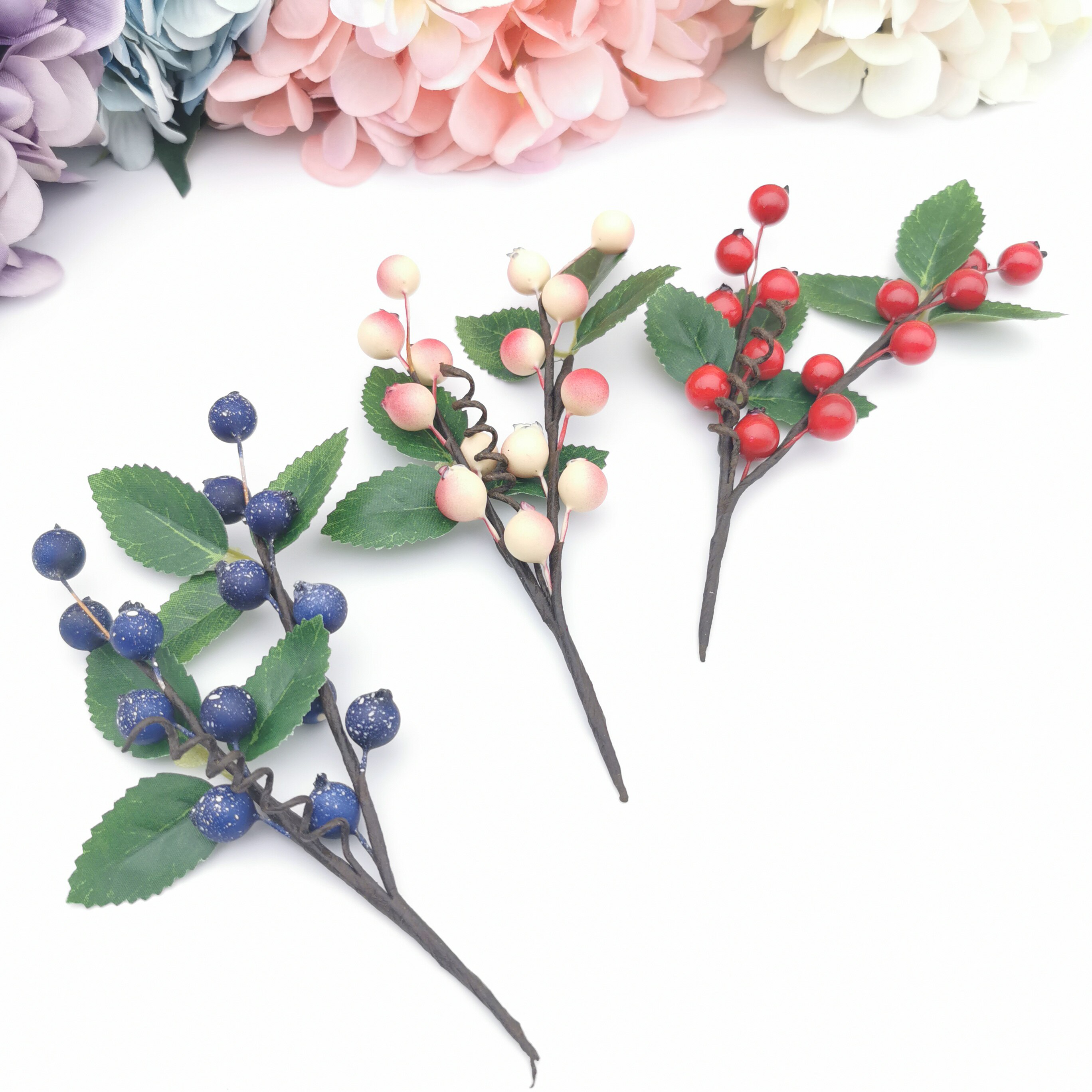 仿真浆果假蓝莓树杈手工配件花环材料diy拍照饰品圣诞装饰品红蓝