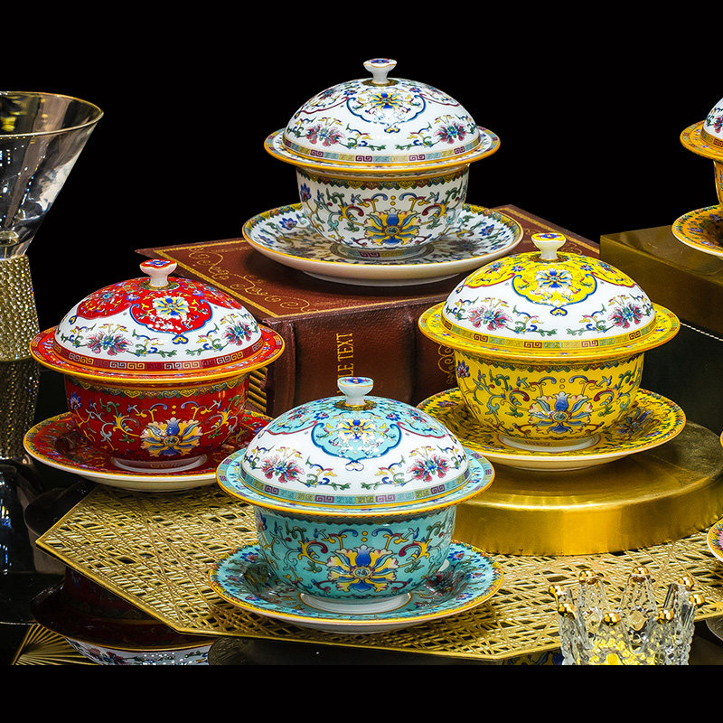 正宗景德镇高温珐琅彩陶瓷炖盅带盖汤碗燕窝桃胶甜点碗酒店餐具