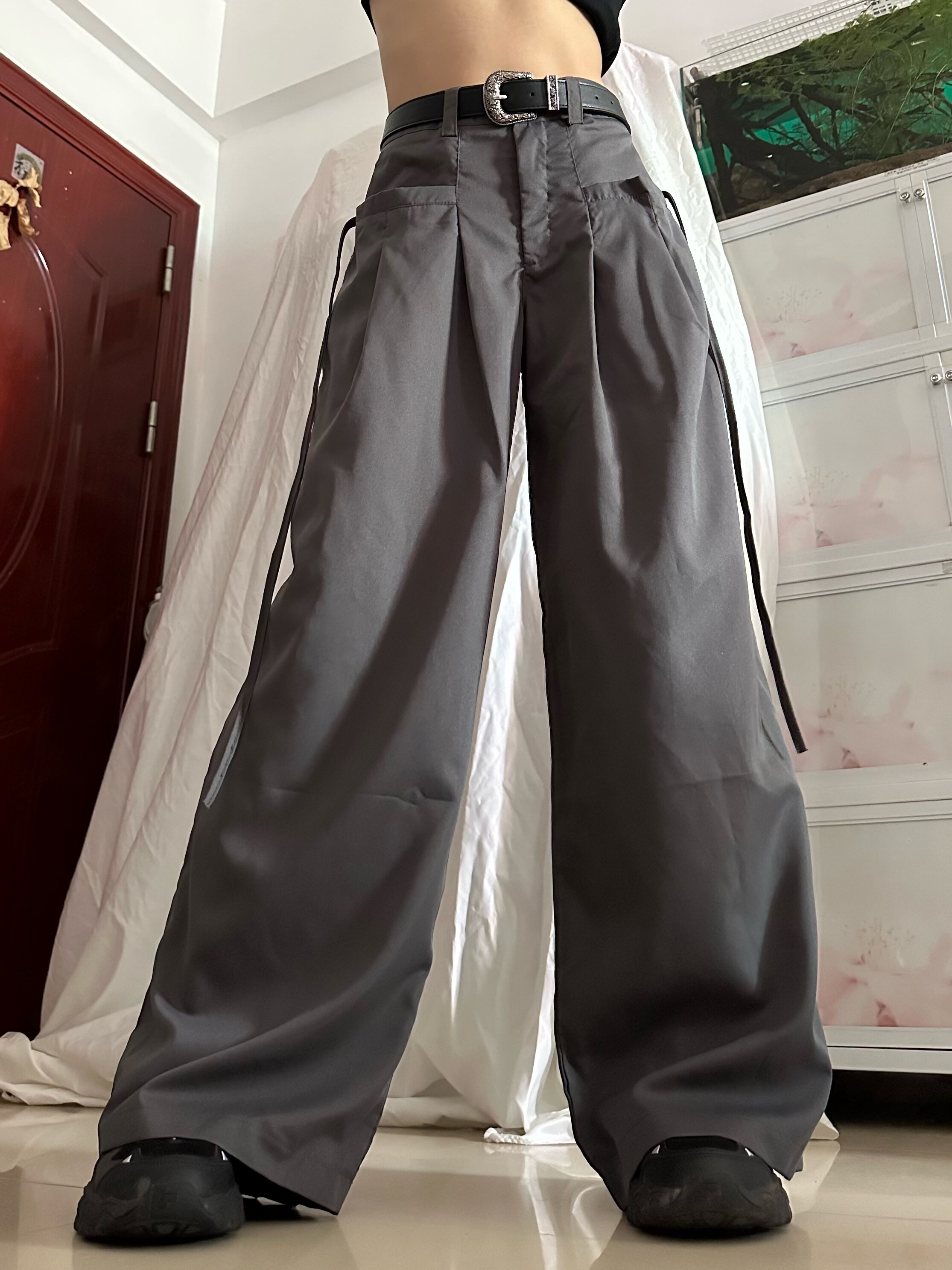 复古街头灰色垂感工装裤女