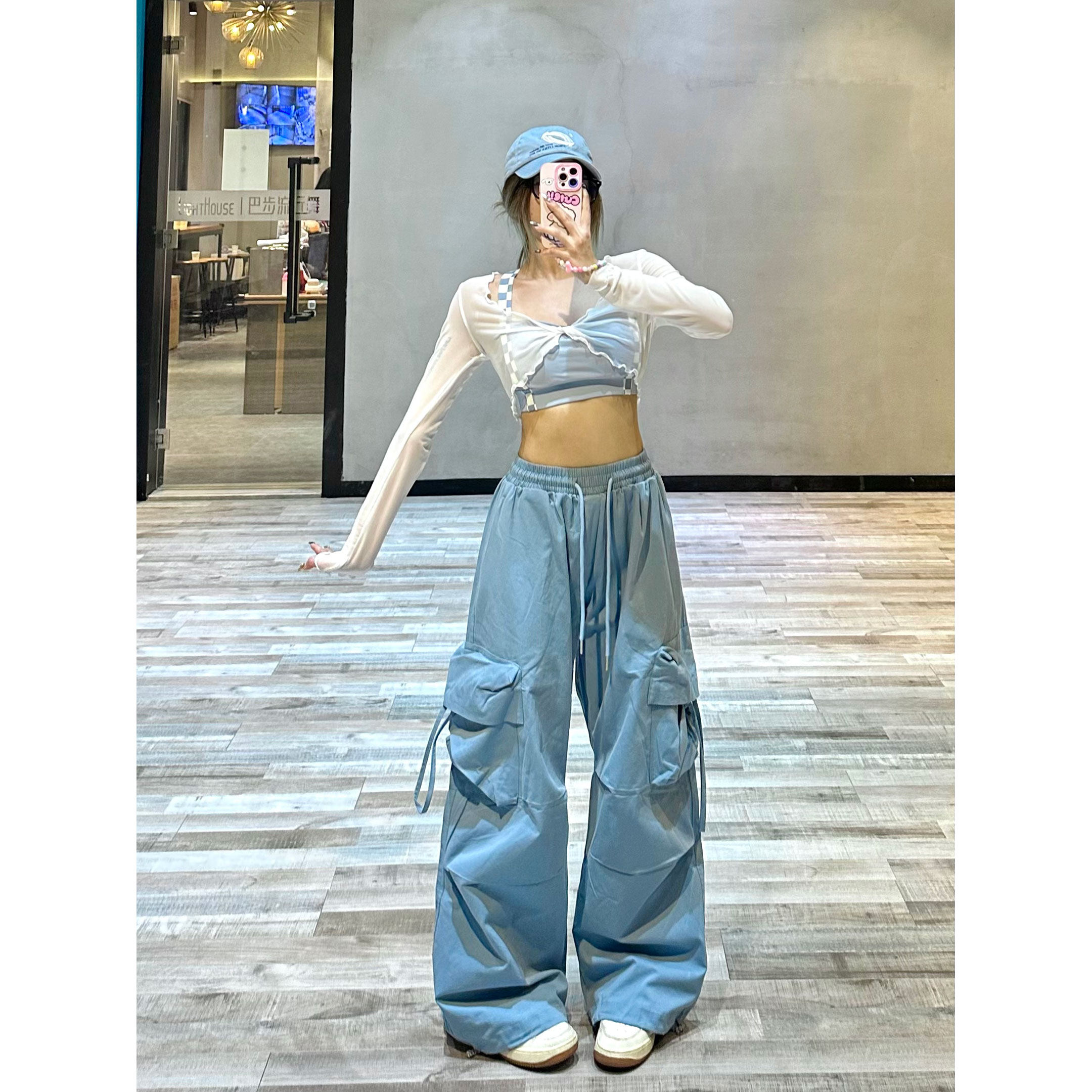 辣妹交叉网纱长袖罩衫t恤女