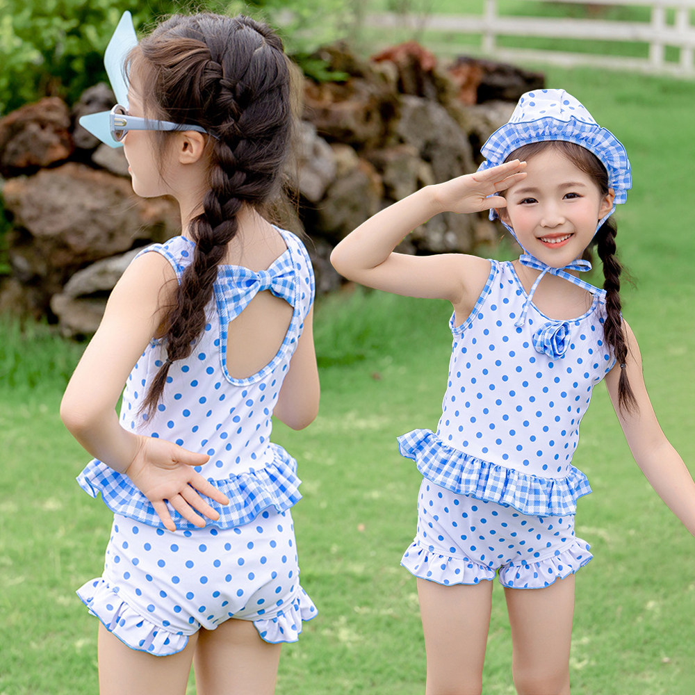 女小童波点分体泳衣夏季新款韩版荷叶边蝴蝶结宝宝温泉速干游泳装