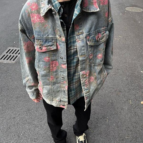 港风牛仔夹克男女情侣个性提花大花上衣服2025秋冬潮流新品外套