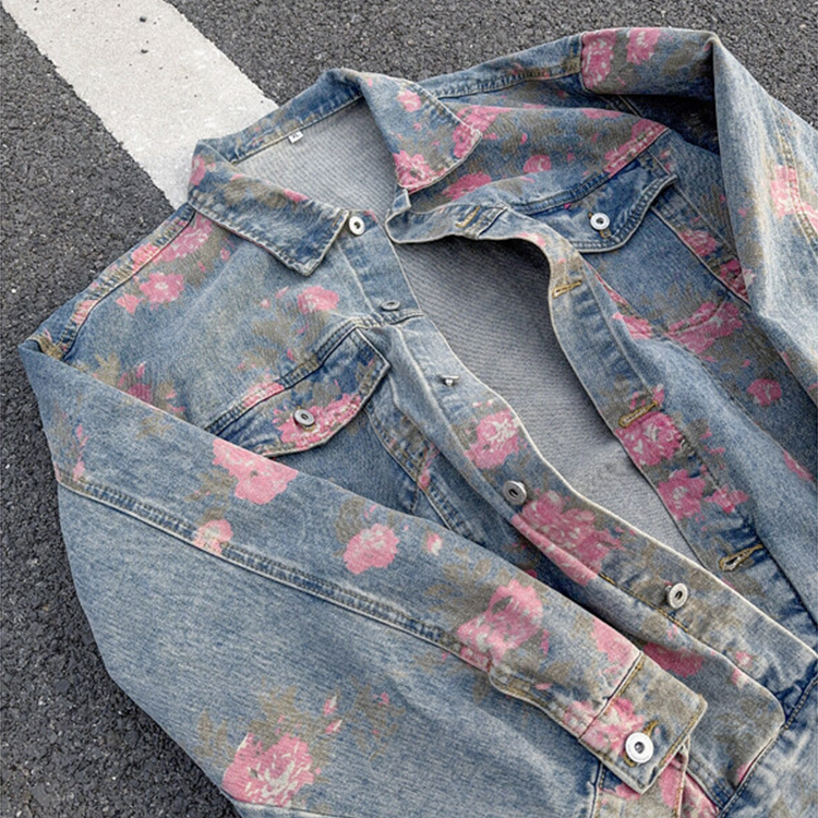 港风牛仔夹克男女情侣个性提花大花上衣服2025秋冬潮流新品外套