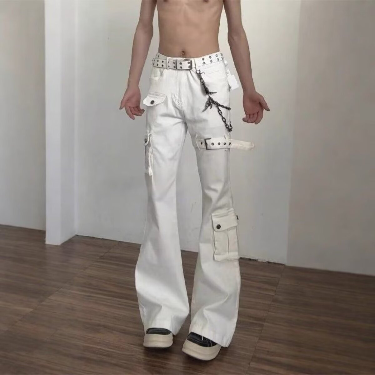 绑带微喇牛仔裤男cleanfit美式高街vibe喇叭修身工装裤子冬季