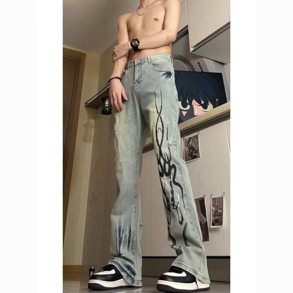 重磅直筒显瘦火焰印花拖地裤子男女水洗做旧复古微喇叭牛仔裤
