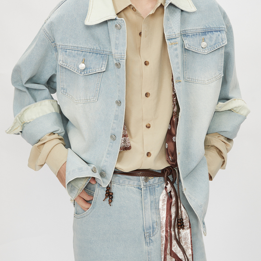 美式潮牌蓝色牛仔套装高级感设计感夹克痞帅春秋搭配一套时尚