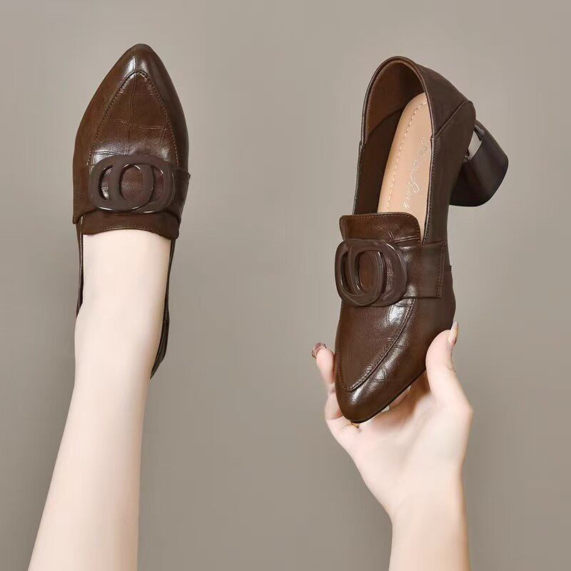 尖头皮鞋女深口粗跟2025新款春季高跟软皮上班单鞋英伦风乐福女鞋