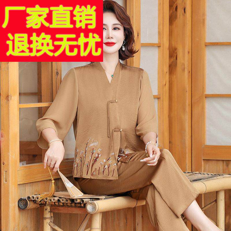 时尚妈妈夏季国风真丝套装2025新款上衣裤子中老年女桑蚕丝两件套