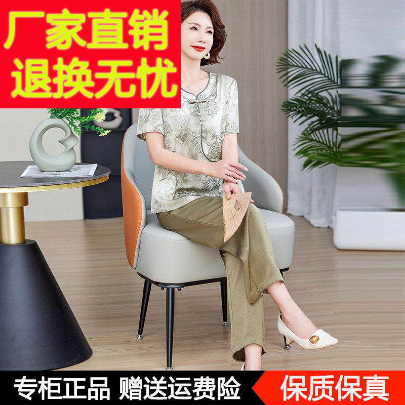妈妈夏装杭州真丝短袖上衣两件套中老年加大码女装桑蚕丝国风套装