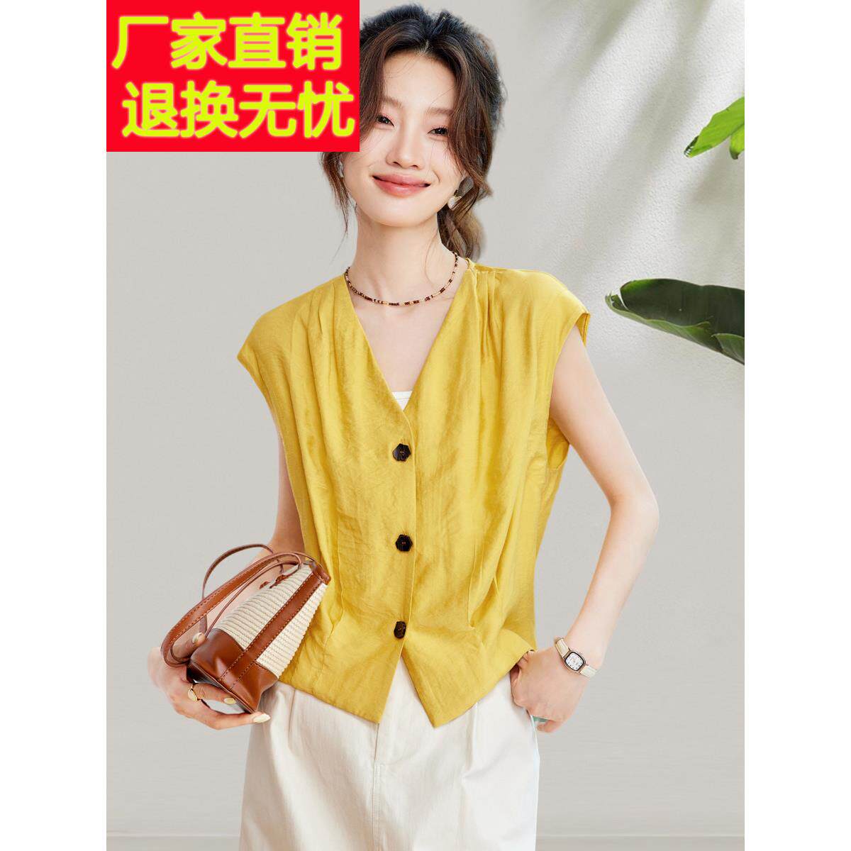 2025新款夏季背心,时尚V领宽松t恤,短款,轻松职场,小飞袖女士