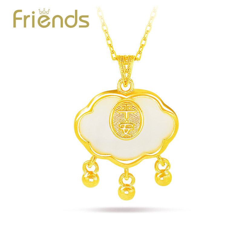 平安锁吊坠18k和田玉项链女金镶玉长命锁宝宝锁婴儿金锁红绳挂坠