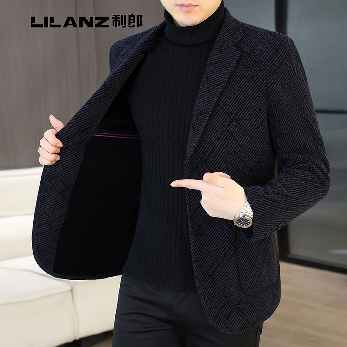 利郎男装春秋西服中年时尚休闲条纹抗皱免烫便服单西装外套爸爸装