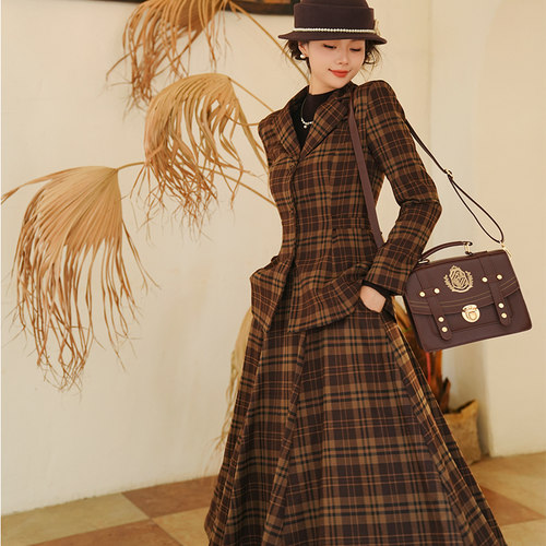 英伦复古加厚西装长裙套装收腰秋