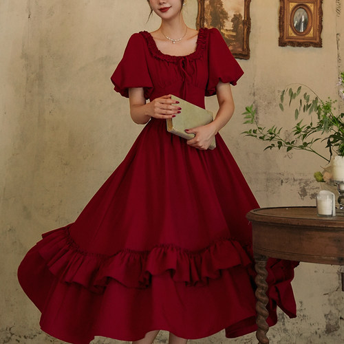 重工法式复古束腰大摆红色礼服裙