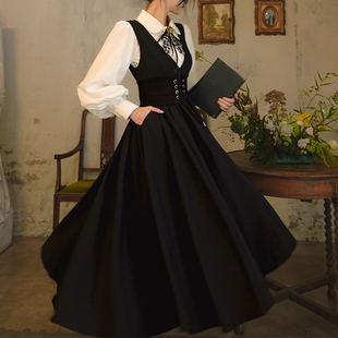 复古V领高腰大摆伞裙无袖 赫本法式 连衣裙秋冬 黑天鹅 弥爱原创