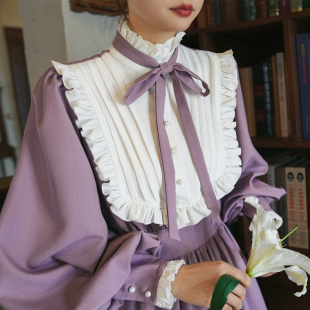 宫廷复古拼色花边领高腰灯笼袖 风信紫 弥爱原创 连衣裙 10新品