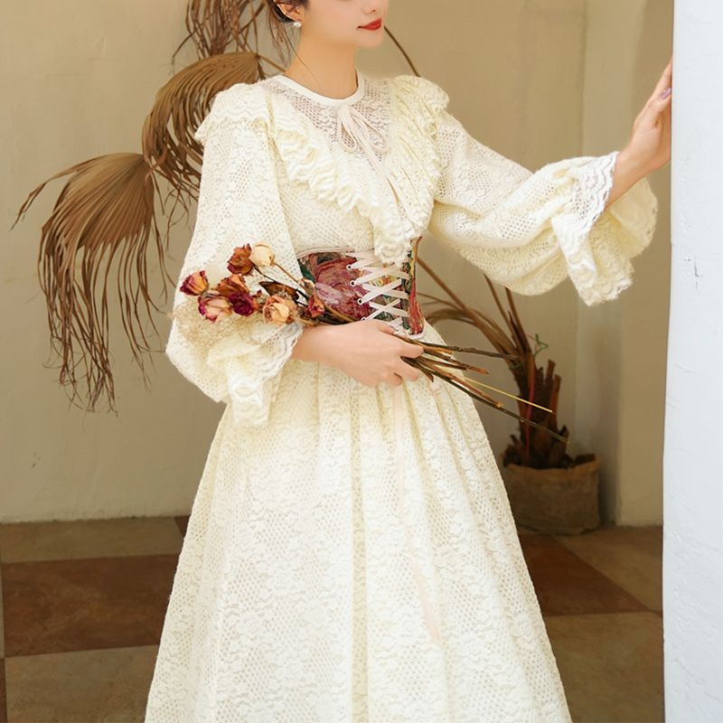 重工加厚磨毛蕾丝宫廷复古连衣裙