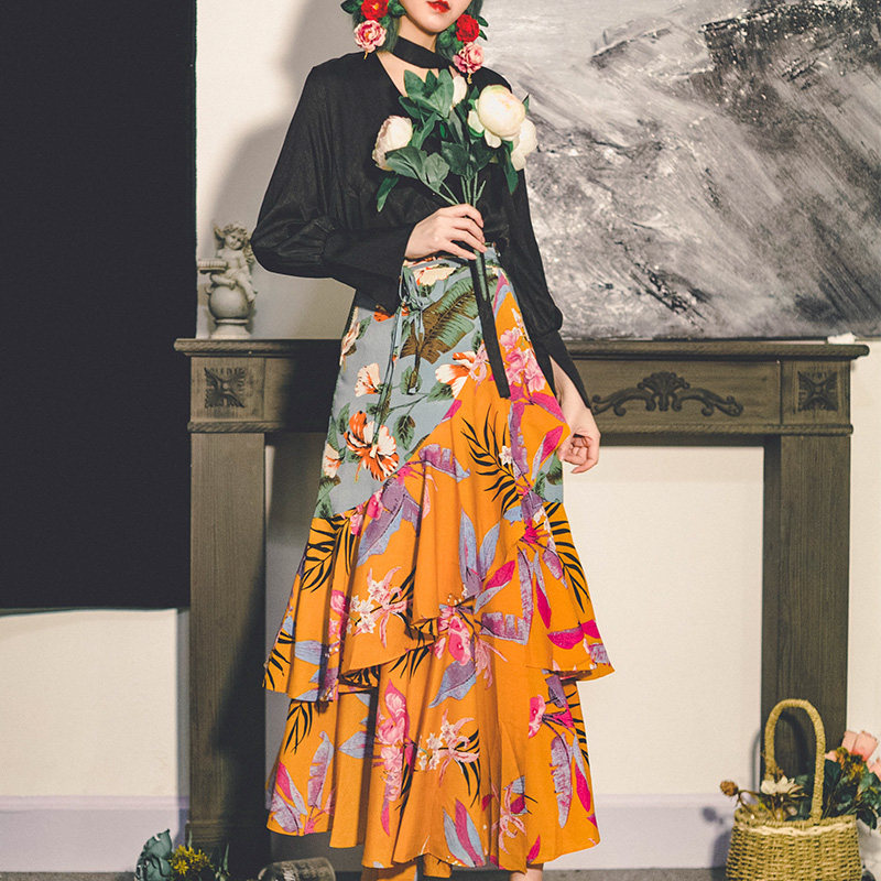 弥爱原创 浮华世界 波西米亚复古撞色印花长裙荷叶边一片式半身裙|msdalam kategori Butik wanita / wanita, skirt - dari Buy2taobao.com untuk memberikan perkhidmatan ejen Taobao profesional membeli